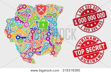 Safety Suriname Map And Seal Stamps. Red Round Top Secret And 1 000 000 000 Grunge Seal Stamps. Colo