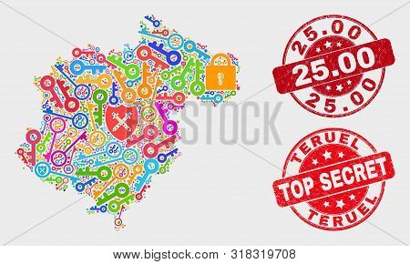 Safeguard Teruel Province Map And Seal Stamps. Red Round Top Secret And 25.00 Scratched Seal Stamps.