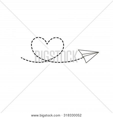 Paper Plane With Dotted Line Heart. Vector Linear Illustration By Hand. Doodle Drawing,