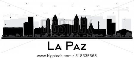 La Paz Bolivia City Skyline Silhouette with Black Buildings Isolated on White. Business Travel and Tourism Concept with Historic Architecture. La Paz Cityscape with Landmarks.