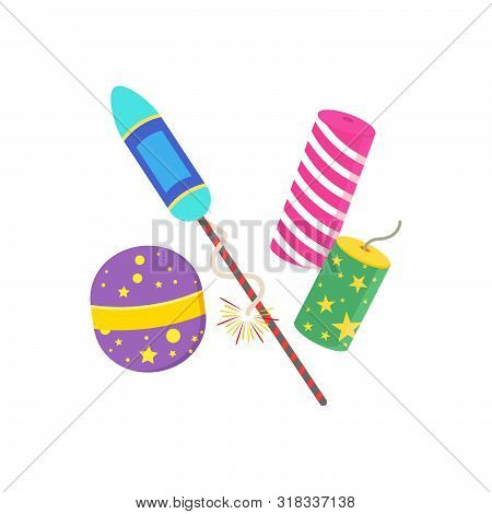 Set Of Flat Colorful Firecracker Vector For Chinese Spring Festival To Set Off, Red, Yellow, Orange,