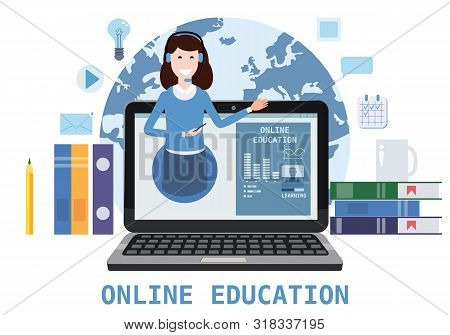 Online Education Webinar Icons Composition With Teacher Coach Trainer Women On Laptop Electronic Lib