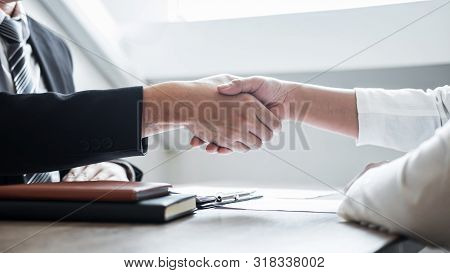 Successful Job Interview, Image Of Boss Employer Committee Or Recruiter In Suit And New Employee Sha
