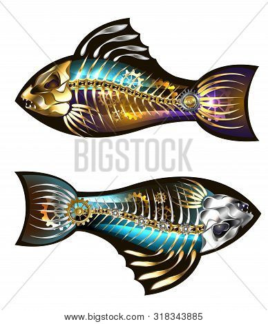Two Mechanical Fish With Skeleton And Gold Gears On A White Background. Steampunk Style.