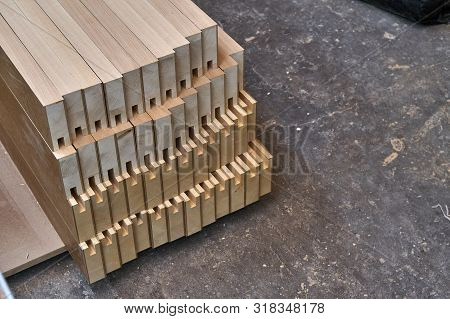 Joinery. Wood Door Manufacturing Process. Stacked Door Leaf Elements. Furniture Manufacture.