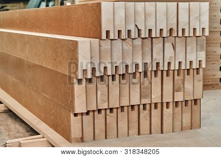 Joinery. Wood Door Manufacturing Process. Stacked Door Leaf Elements. Furniture Manufacture.