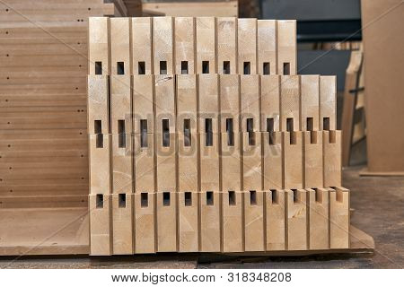 Joinery. Wood Door Manufacturing Process. Stacked Door Leaf Elements. Furniture Manufacture.