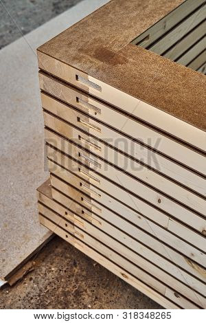 Joinery. Wood Door Manufacturing Process. Stacked Door Leafs. Furniture Manufacture.