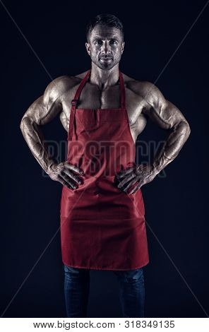 Sexy Man Cook. Man With Muscular Torso In Chef Apron. Cuisine. Male Housewife. Husband In Kitchen. B