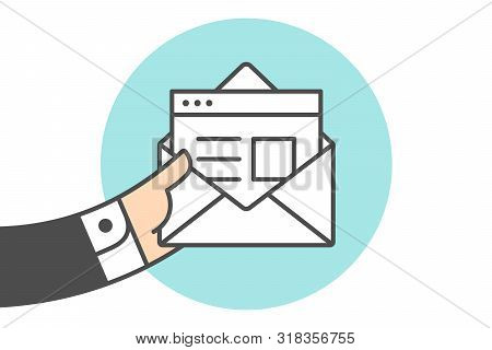 Icon Of New Open Mail Envelope. White Mail Envelope And Letter Or Icon File. Hand Of Businessman Hol