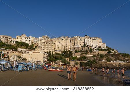August 12, 2019, Sperlonga, Italy, View On Old Town Sperlonga And Clowded Beach During August Holida