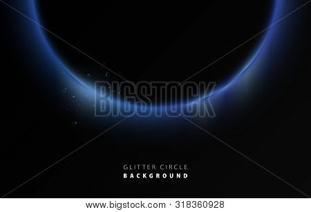 Glitter Blue Neon Circle Ring Frame & Sparkle Flash Light Star Shimmer Vector On Black Background, S
