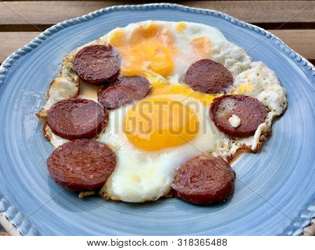 Turkish Breakfast Sucuk With Fried Eggs / Salami Or Sujuk. Traditional Food.