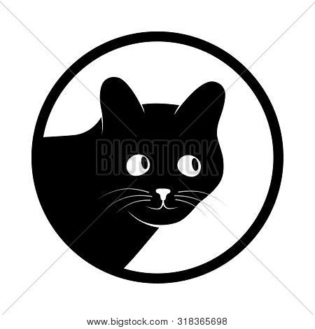 Head Cat Graphic Icon. Cat Black Sign In The Circle Isolated On White Background. Vector Illustratio