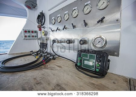 Closeup Of Industrial Trimix Gas Blending Mixing Panel With Hoses Gauges And Analyser