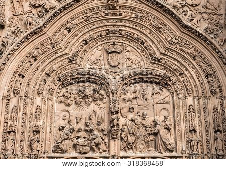 Salamanca, Spain - August 18, 2019: Detail Of The Main Cover Of The Cathedral Called The 