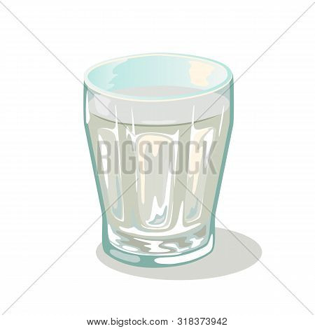 Short Faceted Glass Cup With Water. Drinking Vessels. Small Transparent Tableware With Chemical Or M