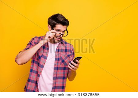 Photo Of Surprised Man Seeing Job Offer After Logging In To Email While Isolated With Yellow Backgro