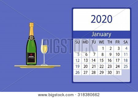 Calendar2020. January Monthly Calendar Decorated With Cute Champagne Bottle