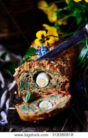 Wild Nettle Whole Grane Loaf With Eggs. Style Rustic. Selective Focus