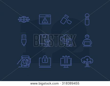 Hacking Line Icon Set. Programmer, Computer, Memory Stick. Information Technology Concept. Can Be Us