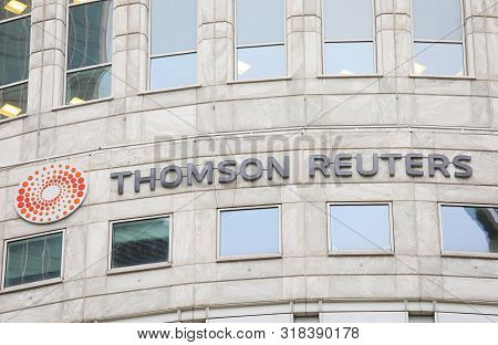 London England - June 2, 2019: Thomson Reuters Company Sign