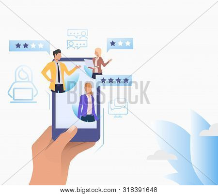 Human Hand Holding Cellphone With People And Messages Vector. Commentary, Customer Feedback, Forum. 