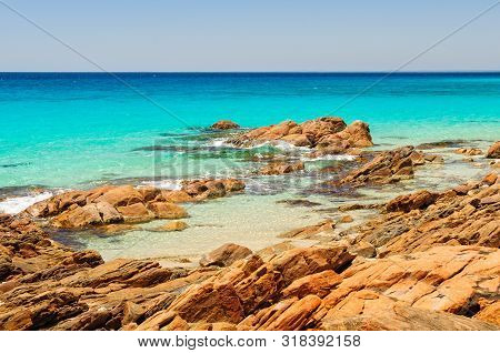 Orange Rocks And Turquoise Water On Meelup Beach - Dunsborough, Wa, Australia
