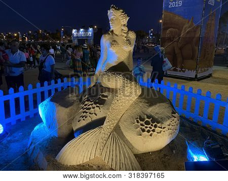 Ashkelon, Israel - August 19, 2019: Ashkelon International Sand Sculpture Festival 2019. Sculptures 