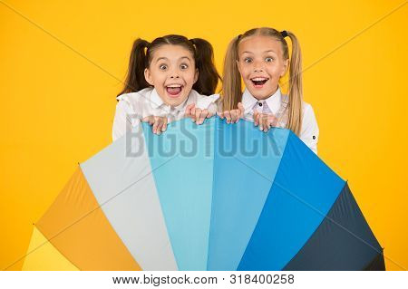 Umbrella Surprise. Surprised Girls Hiding Behind Umbrela On Yellow Background. Little Children Looki