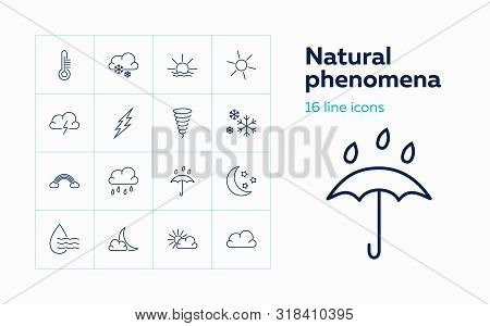 Natural Phenomena Icons. Set Of Line Icons On White Background. Rainfall, Cloudscape, Thunderbolt. W