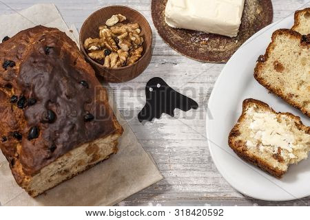 Barmbrack Or Bairin Breac Is A Traditional Irish Sweet Yeast Bread With Grapes And Raisins, Often Ea