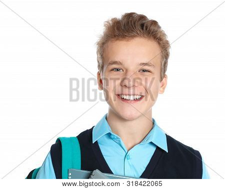 Happy Boy In School Uniform On White Background
