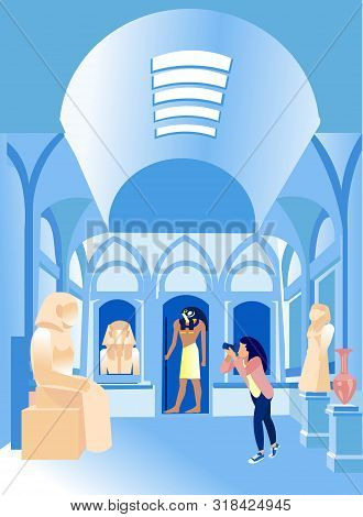 Woman Photographs Egyptian Sculptures. Compositions Exhibition Center. Visit Exhibition. Modern Art.