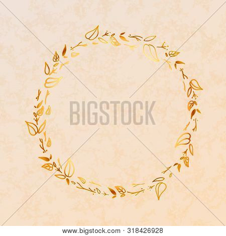 Golden Detailed Leaves Wreath On Beige Paper