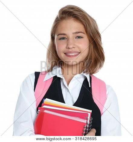 Happy Girl In School Uniform On White Background