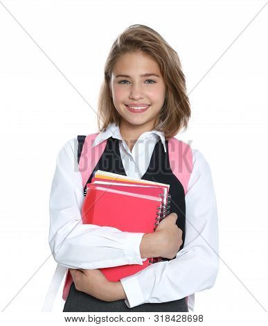 Happy Girl In School Uniform On White Background