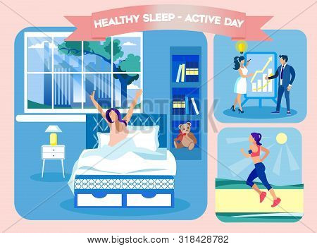 Healty Sleep Active Day. Woman Woke Up On Comfortable Bed. Technology Orthopedic Mattress. Mattress 