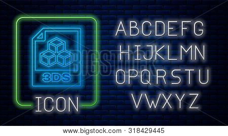 Glowing Neon 3ds File Document. Download 3ds Button Icon Isolated On Brick Wall Background. 3ds File