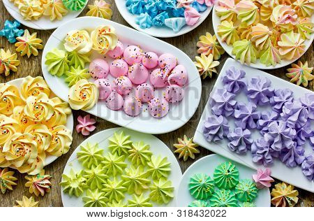 Set Of Colorful Homemade Meringue Cookies Different Shapes And Colors