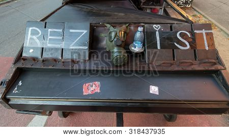 Bucharest, Romania - August 10, 2019: The Inscription Resist Is On The Piano Of Davide Martello Duri