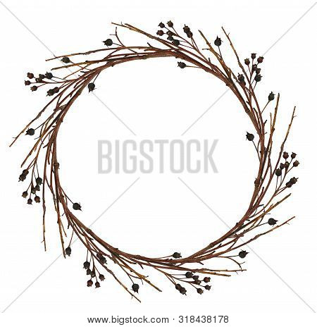 Round Wreath From Dry Twigs With Black Berries Isolated On White Background. Flt Lay. Top View.