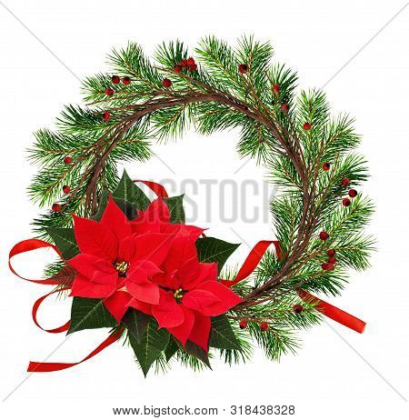 Round Wreath From Dry Twigs And Christmas Tree Branches With Red Berries, Silk Ribbon Bow And Poinse
