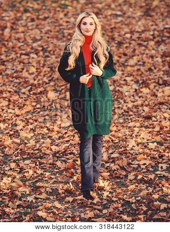 Woman Wear Long Wool Cardigan While Walk In Park. Fall Fashion Warm Cardigan. Autumn Fashionable Car