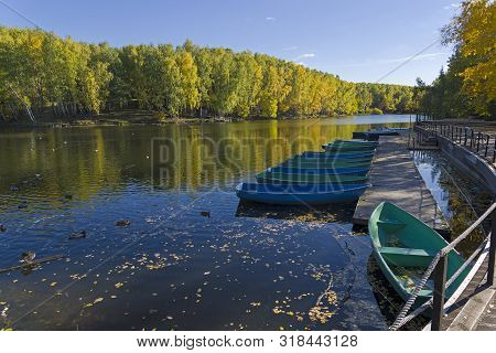 Boat Station Closed At The End Of The Season. Pond In The Landscape Reserve Teply Stan, Moscow, Russ