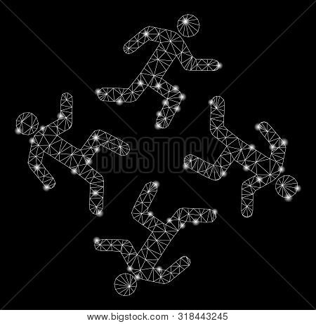 Flare Mesh Running Men With Glow Effect. Abstract Illuminated Model Of Running Men Icon. Shiny Wire 