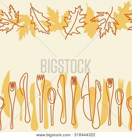 Seamless Border. Cooking, Autumn Menu . Contour Cutlery And Autumn Leaves Kitchen Utensils. Vector