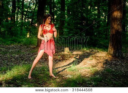 Culture Of Wild Human. Fashion Primitive Design. Female Spirit Mythology. Wild Woman In Forest. Fore
