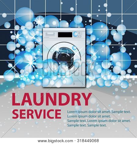 Laundry Service Banner Or Poster. Washing Machine Front Loading In Empty Laundry Room Background Wit