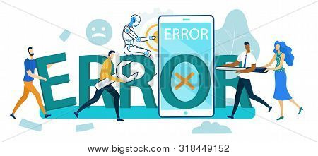 Group Of People And Robot Trying To Repair Error Smartphone, Human And Artificial Intelligence Worki